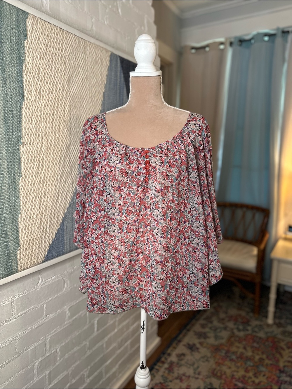 Wet Seal Pink and Blue Micro Floral Print Flowy Blouse - Picture 7 of 11